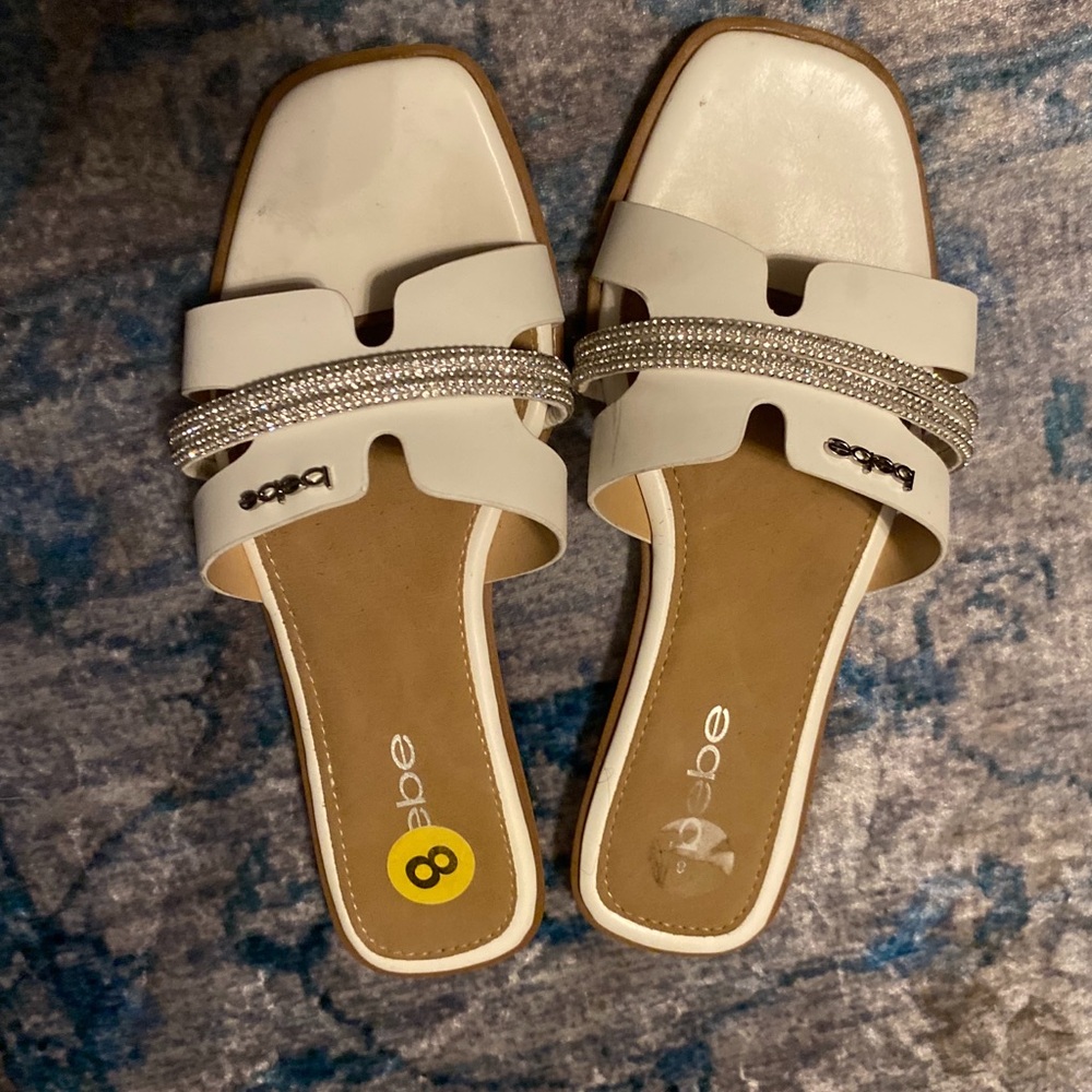 Bebe White and Tan Slide Sandals with H-Style Strap